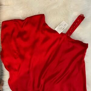 Sexy red silk custom designer off shoulder show stopper blouse